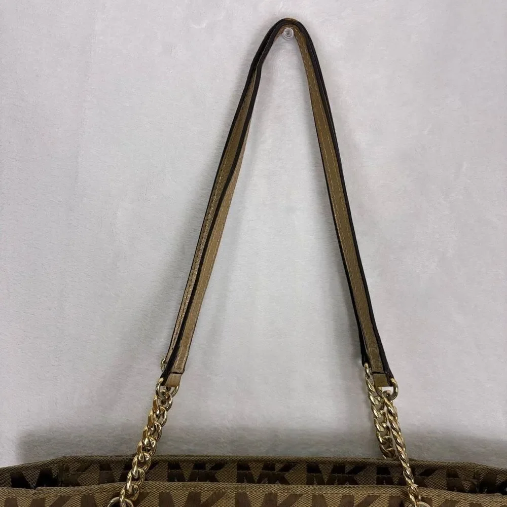 Michael Kors Brown Monogram Large Shoulder Purse with‎ Gold Straps